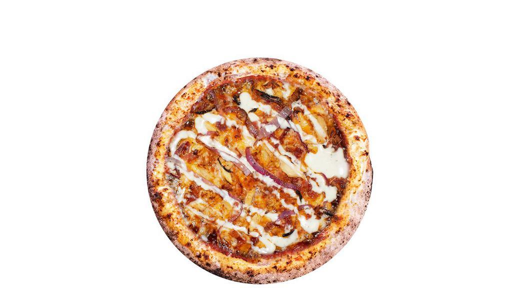 Smokin' Hot · BBQ Sauce + Shredded Mozzarella + Cheddar Cheese + Grilled Chicken + Bacon + Caramelized Onion + Ranch + Mike's Hot Honey Drizzle (Hot Honey & Ranch will not be added if other drizzles are selected)