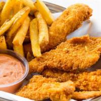 4 Chicken Fingers With Fries · 4 pieces of warm chicken fingers served with a bed of crispy fries.