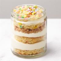 Birthday Cake Jar · Rainbow vanilla cake, white chocolate chantilly cream, and almond crumble.