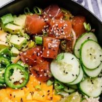 Poké Bowl (2 Proteins) · Your choice of base, 2 proteins, topping, sauce and garnish.