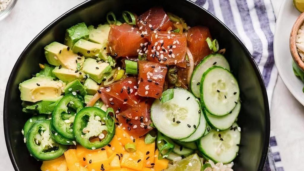 Poké Bowl (2 Proteins) · Your choice of base, 2 proteins, topping, sauce and garnish.