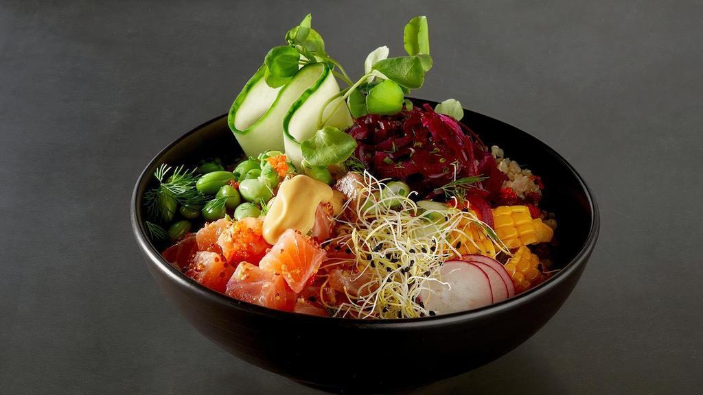 Poké Bowl (3 Proteins) · Your choice of base, 3 proteins, toppings, sauce and garnish.