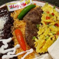 Desayuno Mexicano · Platter served with refried beans, Mexican cheese, Mexican Omelette, sour cream, avocado, co...