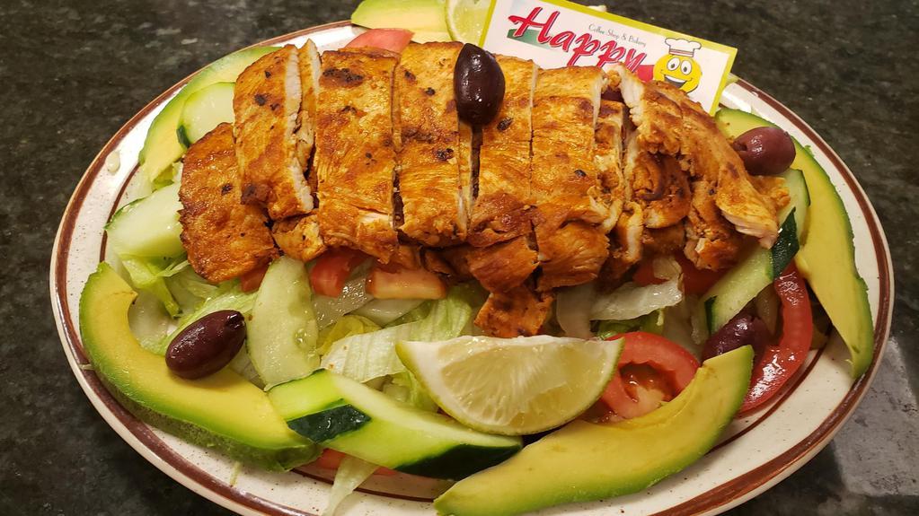 Grilled Chicken Salad · Lettuce, tomato, onion, avocado,olives & grilled chicken.