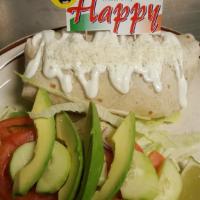 Burrito · Your choice of meat wrapped in a flour tortilla with rice, beans, mexican cheese & side avoc...