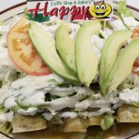 Enchiladas · Your choice of meat in four corn tortilla smothered in green sauce, lettuce, avocado, powder...