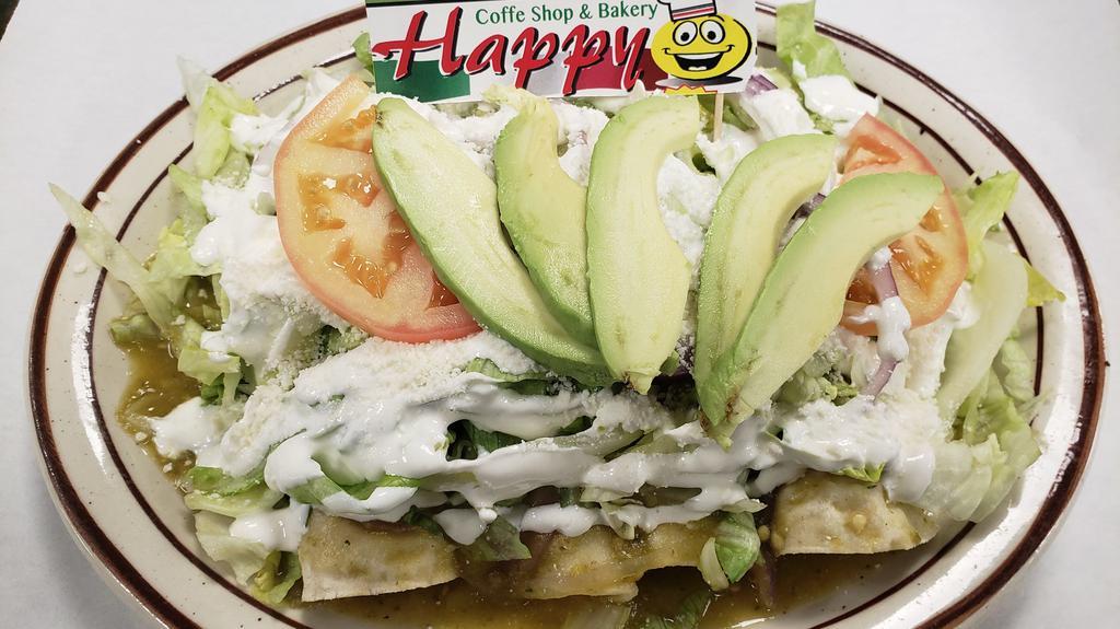 Enchiladas · Your choice of meat in four corn tortilla smothered in green sauce, lettuce, avocado, powder cheese & sour cream.