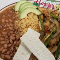 Plato Mexicano · Your choice of meat sauteed with fresh jalapeños,onions & tomatoes.served with rice, beans, ...