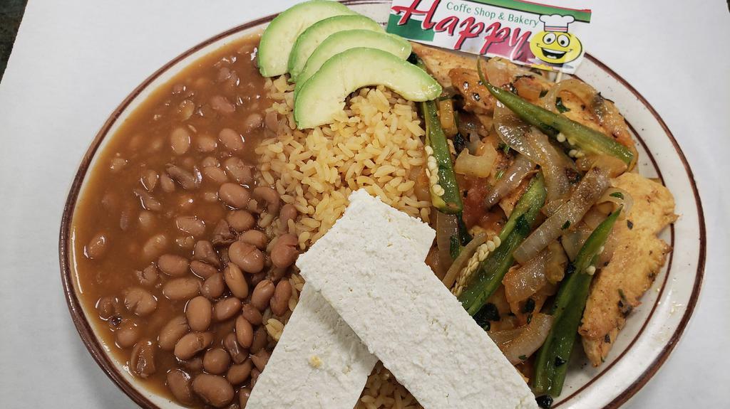 Plato Mexicano · Your choice of meat sauteed with fresh jalapeños,onions & tomatoes.served with rice, beans, avocado, mexican cheese & tortillas.
