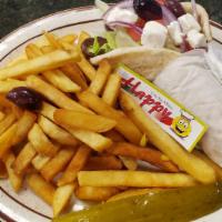 Gyro  Platter · With lettuce & tomato served with pita bread or greek salad or french fries.