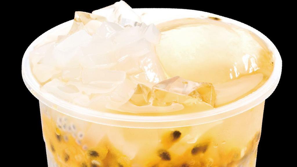 Passionfruit Fiber Jelly Tea · No additional toppings allowed. The perfect combination of tea and fruit that come with three different toppings (Aiyu Jelly, Chia Seed, Coconut Jelly) for delicate & chewy mouthfeel!