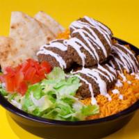 Falafel Platter · Vegetarian Fresh Falafel Served with basmati Rice, your choice of toppings & sauce (Try it w...