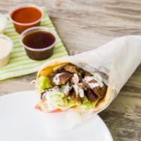 Mixed Gyro · served on toasted pita, Salad and your choice of sauce