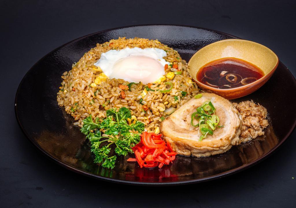  Char Siu Fried Rice · Served with Japanese style Char Siu (tender pork belly),  sweet shoyu dipping sauce, and vegetable garnishes.