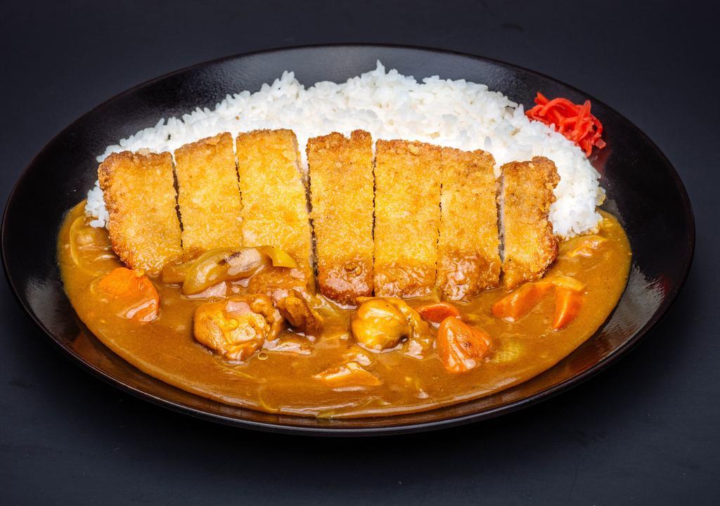  Katsu Curry Rice · Served with Tonkatsu (deep fried pork tenderloin), chicken, carrot, onion, and red ginger.