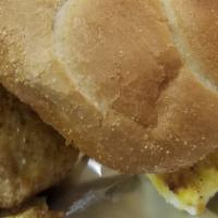 Sausage, Eggs, And Cheese
 · Comes with eggs, cheese, and flat turkey sausage, in a Kaiser roll.