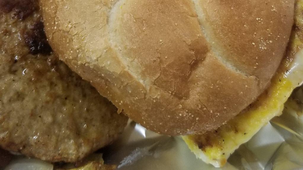 Sausage, Eggs, And Cheese
 · Comes with eggs, cheese, and flat turkey sausage, in a Kaiser roll.