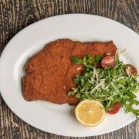 Milanese Di Pollo · Light breaded and fried chicken cutlet.
Side of arugula salad, with cherry tomatoes and parm...