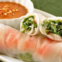 Fresh Summer Roll · 2pcs, fresh boiled shrimp, lettuce, rice vermicelli, Chinese chives wrapped in rice paper, s...