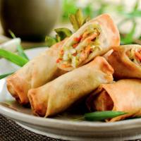 Fried Veg Spring Rolls · 4pcs.Deep fried wheat flour wrapped. Made w. cabbage, carrots, yam bean. vermicelli. Served ...