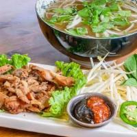 Grilled Chicken Pho · Served with bean sprouts, basil, lime, jalapeño, onion & cilantro.Hoisin sauce & chili sauce...