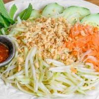 Papaya Salad · Just salad or add your choice of protein. Shredded green papaya, cucumber, mint leaves, juli...