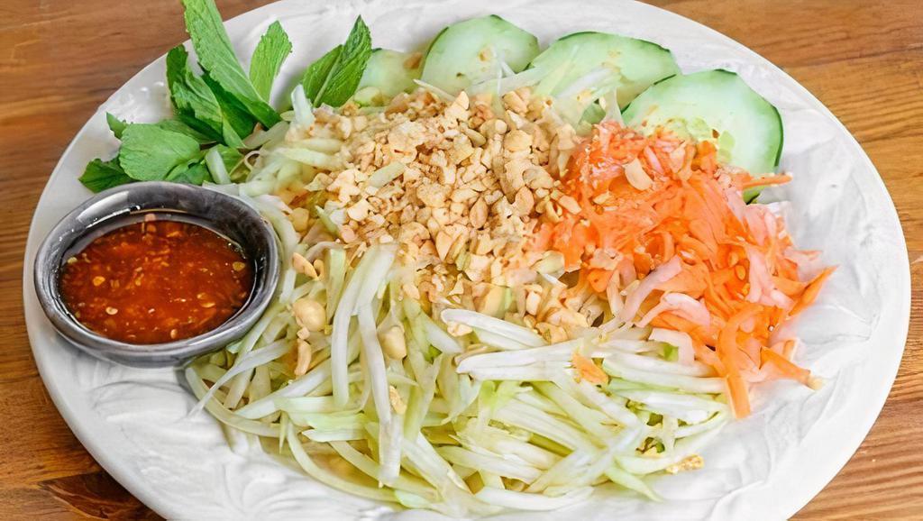Papaya Salad · Just salad or add your choice of protein. Shredded green papaya, cucumber, mint leaves, julienne carrot, topped with roasted peanuts and served with Vietnamese vinaigrette sauce on the side.