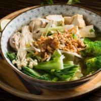 Vegan Pho · A shiitake mushroom base and vegetable umami broth served with bok choy, steamed tofu, brocc...