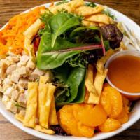 Asian Salad · Mix greens, Marinated baked chicken, bean sprouts, shredded carrots, scallions, oranges, and...