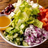 Greek Salad · Romaine, slice olives, red onions, cucumber, tomatoes, and feta cheese with house dressing.(...