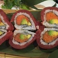 Sweet Heart Roll · Spicy tuna, salmon, yellowtail, kani and avocado inside, tuna outside wrapped into a heart s...