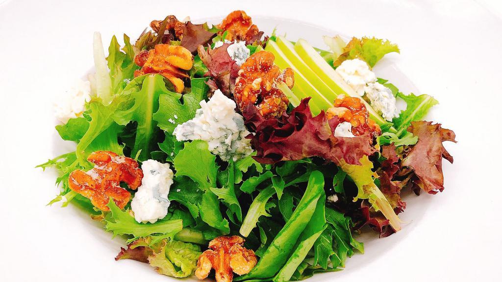 Madeline Salad · Baby greens, candied walnuts apples, and gorgonzola cheese, sweet creamy dressing.