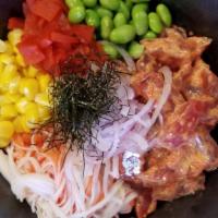 Tabasco Spicy Tuna Poke Bowl · Ahi tuna, kani, corn, edamame, red pickle, purple onion, nori and seasoning sushi rice with ...