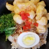 Rock Shrimp Poke Bowl · Rock shrimp, seaweed salad, hard boil egg, with seasoning bonito rice in special spicy mayo.