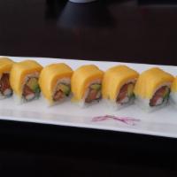 Yellow Dragon Roll · 8 pieces. Salmon, avocado, crab meat, topped with mango and special sauce.