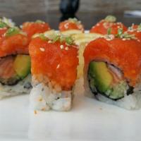 Alaska Special Roll · Spicy. 8 pieces. Salmon, avocado, cucumber, topped with spicy salmon and scallion on top.