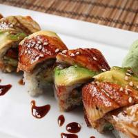 Black Widow Roll · 8 pieces. Fried soft shell crab, cucumber, mayo, tobiko inside and eel with black tobiko and...