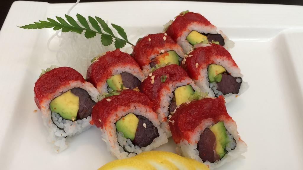 Tuna Special Roll · Spicy. 8 pieces. Tuna, avocado, topped with spicy tuna and salmon.