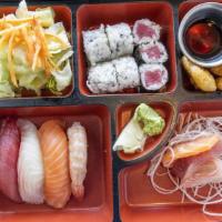 Sushi Bento Box · One jumbo shrimp tempura, four vegetable tempura, four pieces California roll, three pieces ...