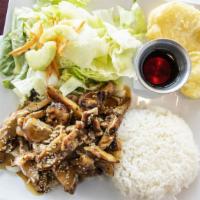 Chicken Teriyaki · Served with salad sautéed cabbage and onions two pieces tempura and steamed rice.