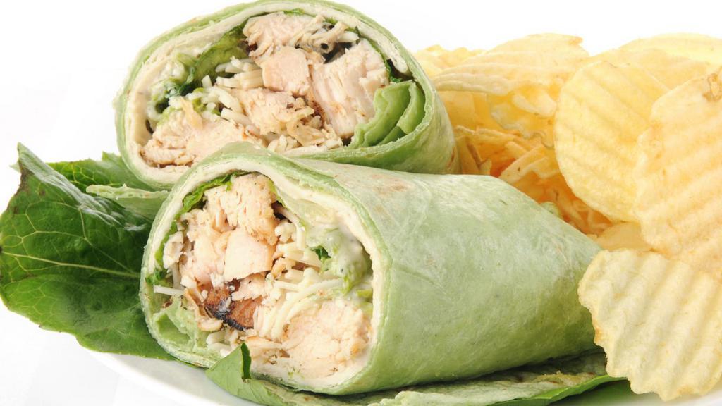 Caesar Chicken Wrap · Fresh Wrap made with Grilled chicken breast, romaine, croutons, Parmesan cheese and Caesar dressing.