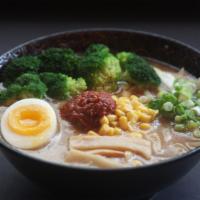 Kara Veggie Miso Ramen · Spicy noodle soup with miso broth. Topped with corn, menma, broccoli, scallion, bean sprouts...