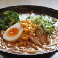 Veggie Miso Ramen · Noodle soup with miso made with more than 12 ingredients, fermented for a month. Topped with...