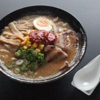 Kara Miso Ramen · Spicy noodle soup with miso broth. Topped with chasyu(pork), menma, egg, scallion, bean spro...