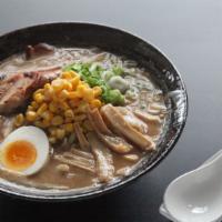 Miso Ramen · Noodle soup with miso made with more than 12 ingredients, fermented for a month. Topped with...