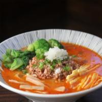 Tantanmen · Spicy noodle soup flavored with mineral salt. Topped with ground pork, bean sprouts, scallio...
