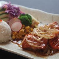 Salmon Teriyaki · Pan-fried salmon with teriyaki sauce, served with rice, cabbage, corn, broccoli, and oshinko.