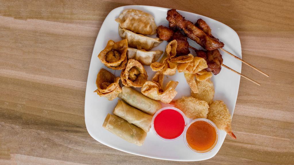 Pu Pu Platter (For Two) · 3 spring rolls, 3crab rangoon, 3fantail shrimp, 3fried wonton and 3 teriyaki Chicken 3 fried dumplings