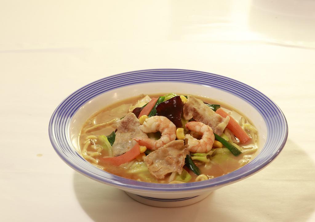 Miso Champon Noodle · Our signature dish with pork, seafood, vegetables and original noodles in miso-based soup.