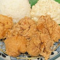 Karaage Combo · Japanese deep fried chicken (marinated in ginger, garlic sake, and soy sauce) with macaroni ...